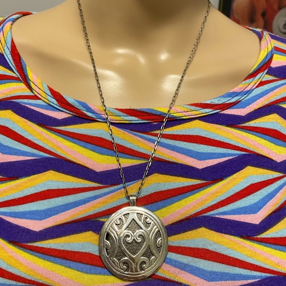 Brighton Jewelry - Statement Pendant Necklace Silver Tone Round Medallion Chain Jewelry